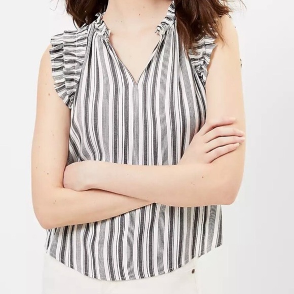 LOFT Tops - LOFT Black and White Striped Blouse Top with Ruffle Sleeve